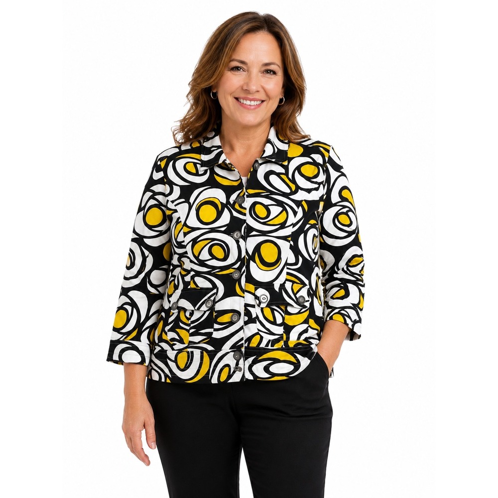 Sportelle S Yellow Black Abstract Swirl Mod Button Front Jacket Retro 60's MCM